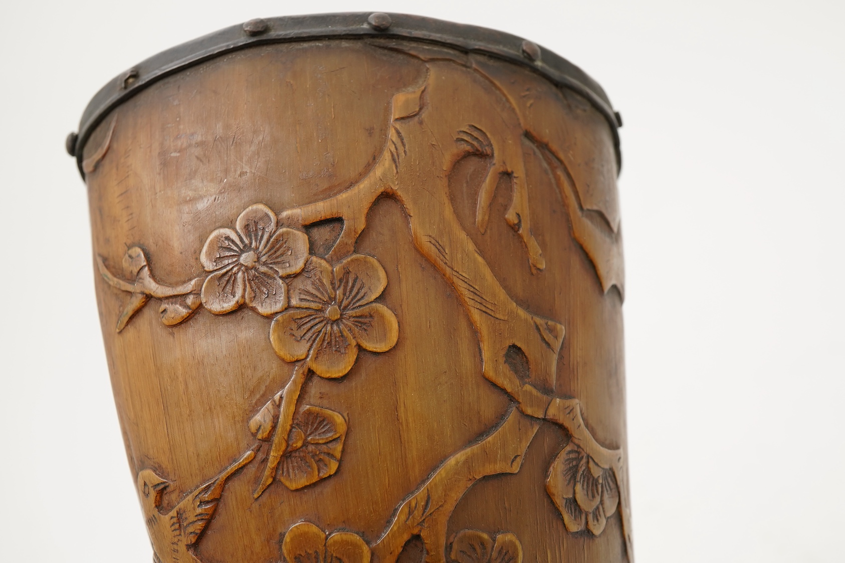 A Tibetan or Mongolian inscribed buffalo horn powder flask, 18th century